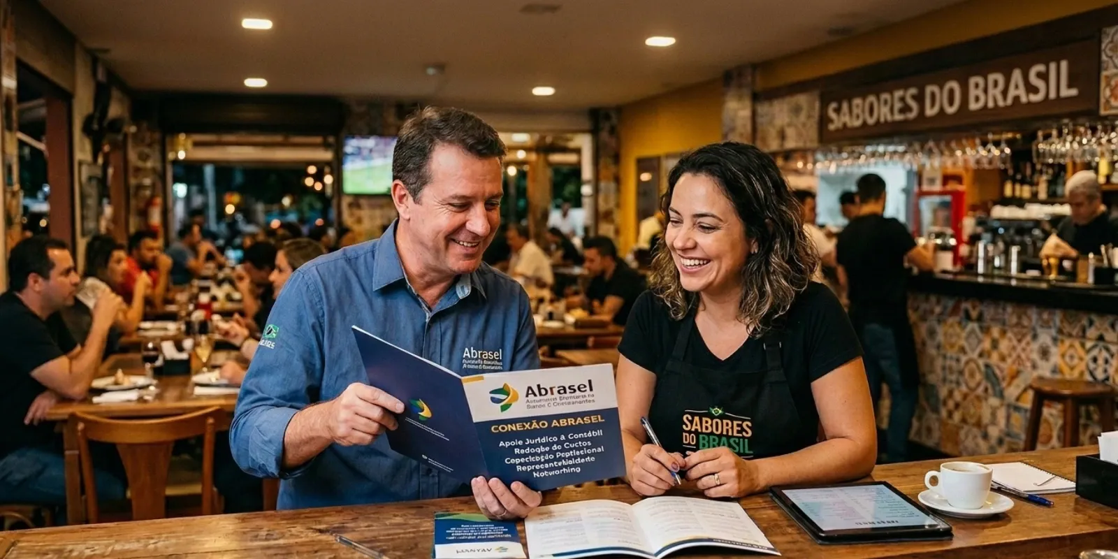 Dono de restaurante avaliando os benefícios da ABRASEL