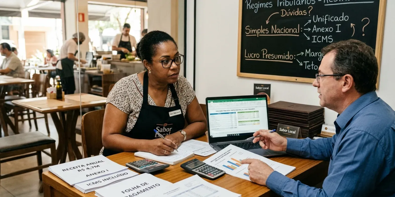 Dono de restaurante comparando Simples Nacional e Lucro Presumido