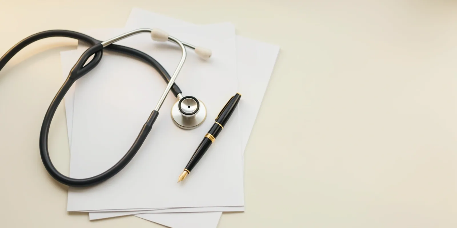 Calculadora, documentos fiscais e estetoscópio sobre a mesa, representando o carnê-leão do médico