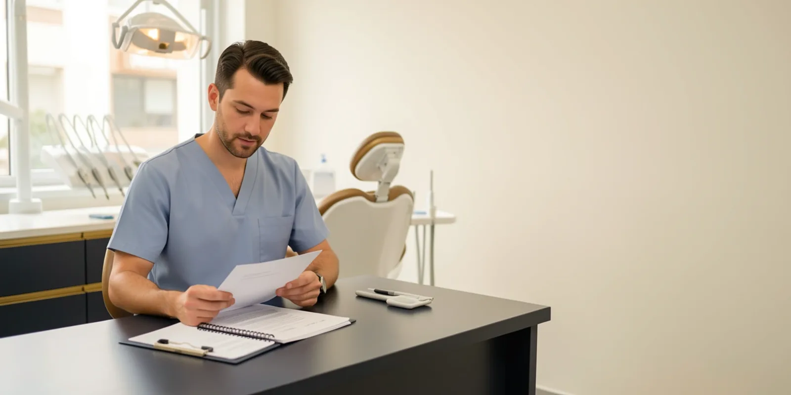 Dentista analisando um contrato em consultório, ilustrando a escolha entre CLT, autônomo e PJ