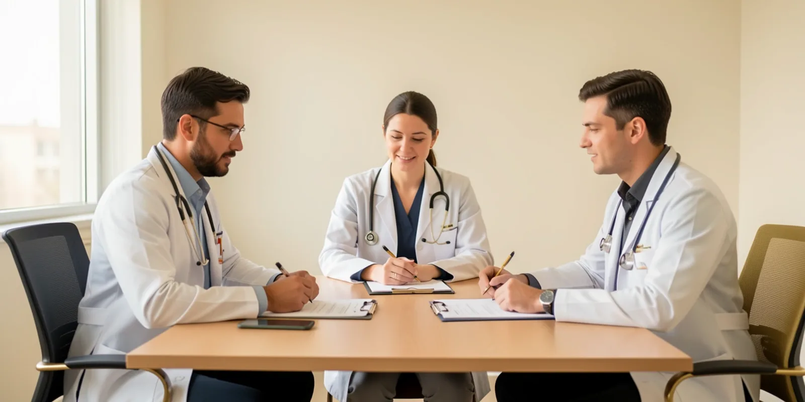 Sócios médicos reunidos analisando relatórios, representando a distribuição de lucros entre sócios
