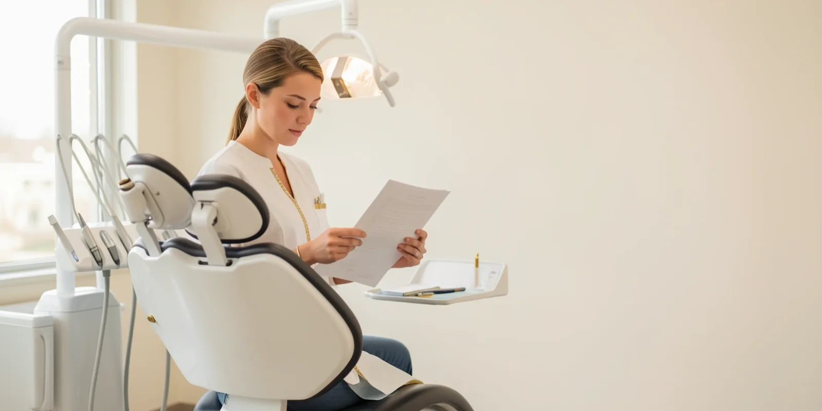 Dentista em consultório moderno analisando documentos, ilustrando o imposto do dentista do autônomo à clínica