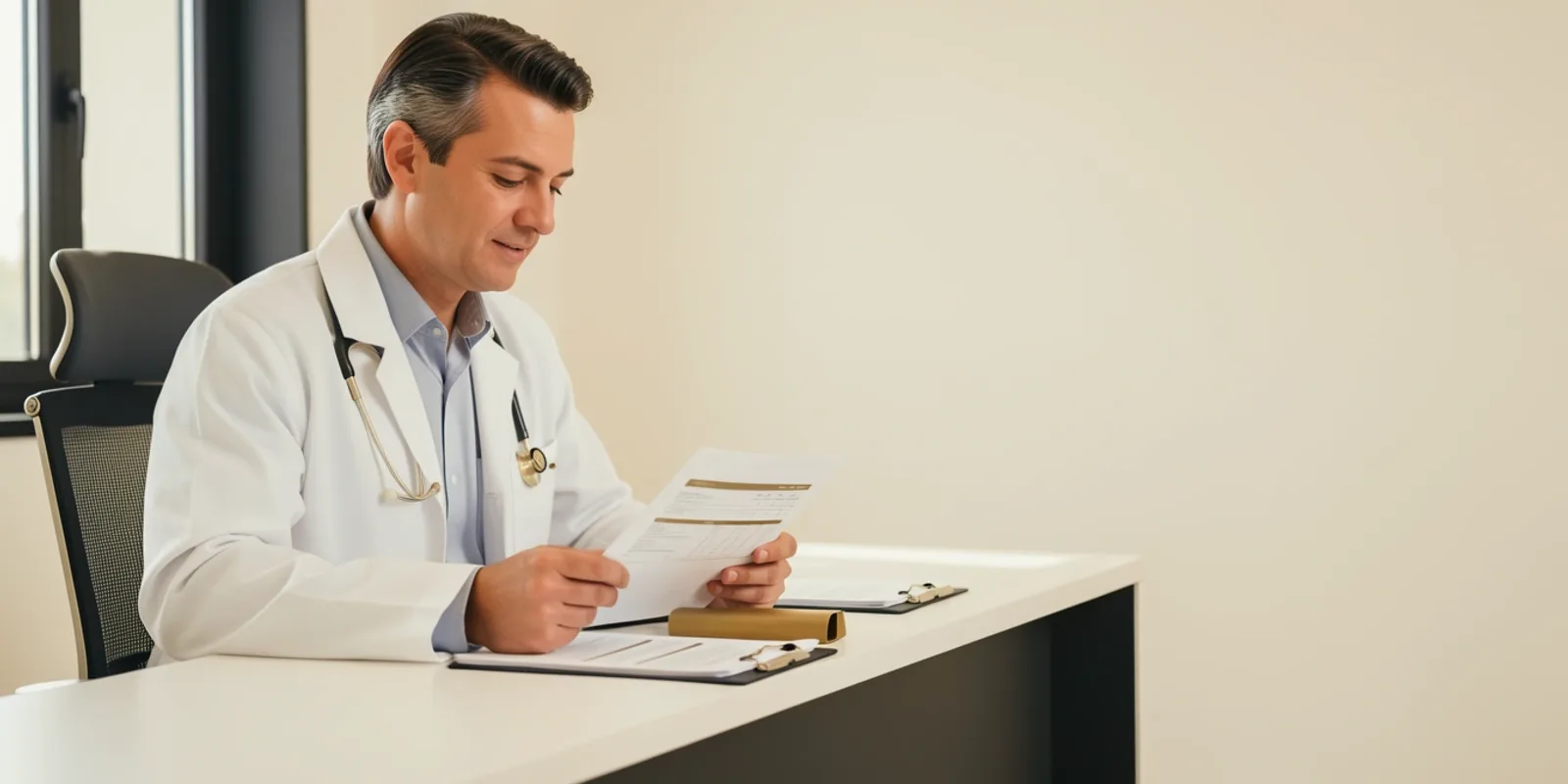 Médico de jaleco branco revisando documentos financeiros, representando o imposto do médico por fase da carreira