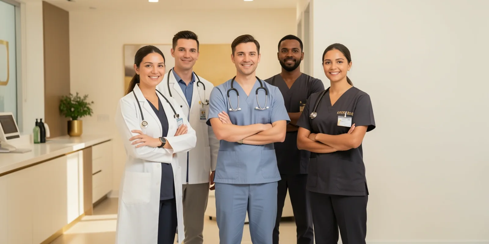 Profissionais da saúde — médico, dentista e fisioterapeuta — em clínica moderna, ilustrando o guia de impostos por profissão
