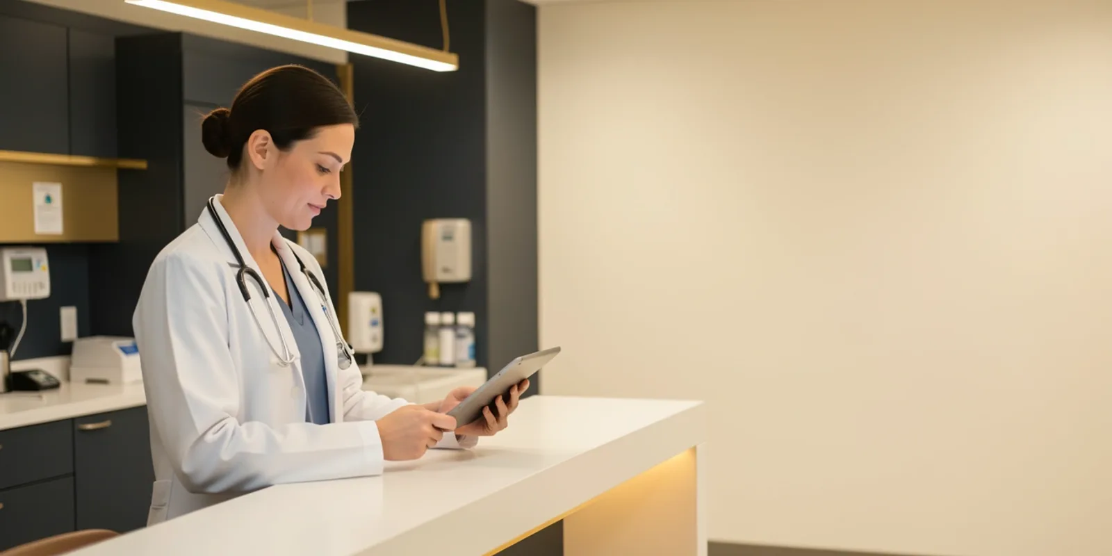 Médico plantonista conferindo um tablet no posto de enfermagem, ilustrando a decisão de abrir PJ