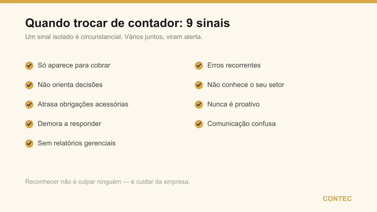 Os 9 sinais de que é hora de trocar de contador: só aparece para cobrar, não orienta decisões, atrasa obrigações, demora a responder, sem relatórios, erros recorrentes, não conhece o setor, nunca é proativo e comunicação confusa